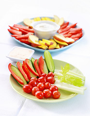 Image showing Raw vegetable and fruits with dip