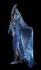 Image showing blue bodypainted woman and fabrics