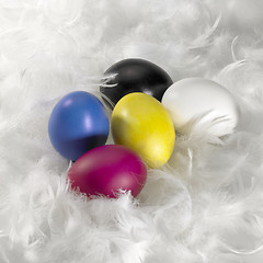 Image showing Easter eggs and down feathers