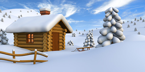 Image showing Log cabin in snowy countryside