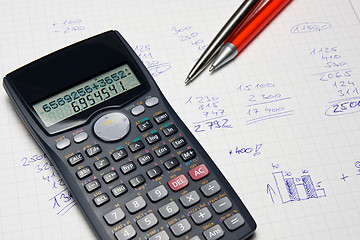 Image showing Mathematical calculator and hand counts in the background