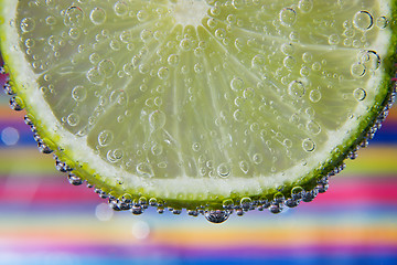 Image showing Close-up of a lemon slice with bubbles 