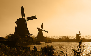 Image showing Duch windmills silhouettes