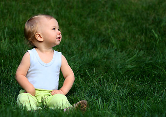 Image showing Boy sits on a grass