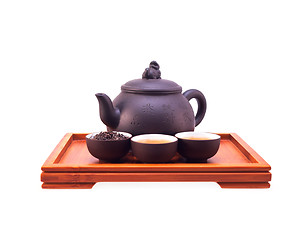 Image showing chinese green tea clay pot and cups