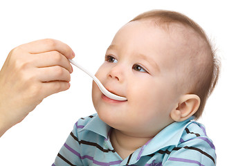 Image showing Little boy is being feed by his mother