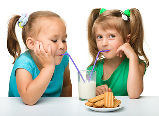 Image showing Two little girls are drinking milk