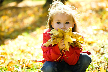 Image showing Little girl is playing in autumn park