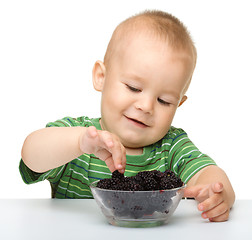 Image showing Cheerful little boy is eating blackberry