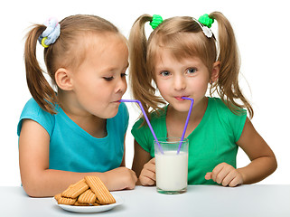 Image showing Two little girls are drinking milk