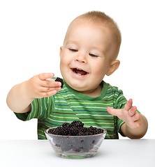 Image showing Cheerful little boy is eating blackberry