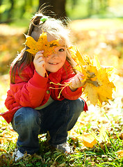 Image showing Little girl is playing in autumn park