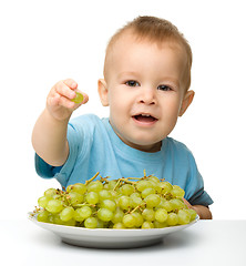 Image showing Little boy is eating grapes