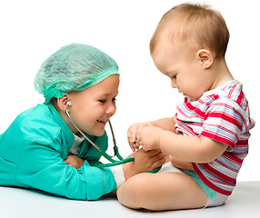 Image showing Children are playing doctor with stethoscope