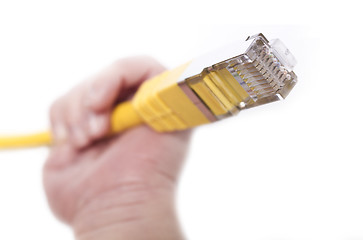 Image showing yellow network cable in babys hand