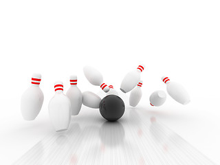 Image showing 3d Bowling Ball crashing into the pins 