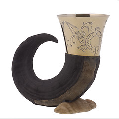 Image showing Drinking horn with brass accents