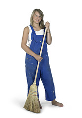 Image showing blond boilersuit girl with besom