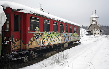 Image showing old railway car and station