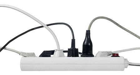 Image showing white multiple socket and plugs sideways