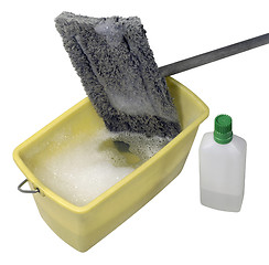 Image showing cleaning mop with bucket and cleaner