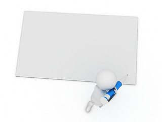 Image showing little 3d character write a card with big pen isolated on white 