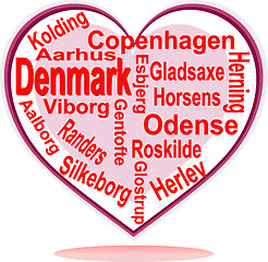 Image showing Denmark map and words cloud with larger cities