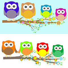 Image showing Family of owls sat on a tree branch at night and day