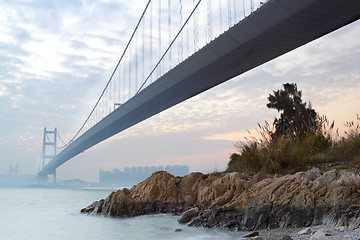 Image showing bridge at sunset moment, Tsing ma bridge 