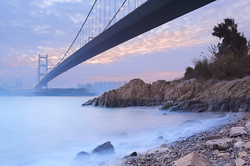 Image showing long bridge in sunset hour