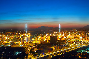 Image showing sunset in cargo container terminal