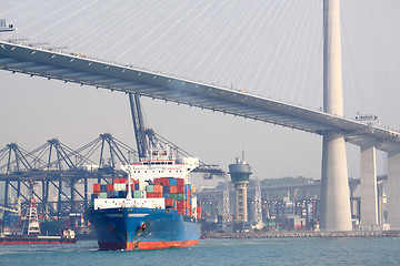 Image showing container ship and modern bridge