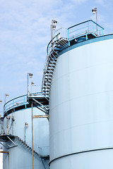 Image showing large white tanks for petrol and oil in the Rotterdam harbor