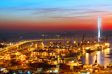 Image showing sunset in cargo container terminal