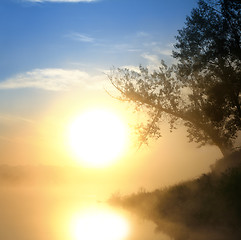 Image showing beautiful fog sunrise on river