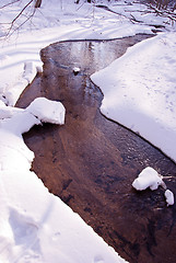 Image showing Flowing forest stream winter coast snow water freeze 
