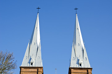 Image showing Church towers twins background blue sky religion 