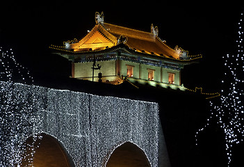 Image showing illuminated city wall of Xian