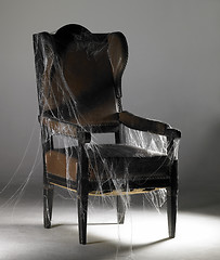 Image showing brown wing chair and cobwebs