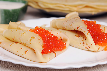 Image showing pancake with red caviar