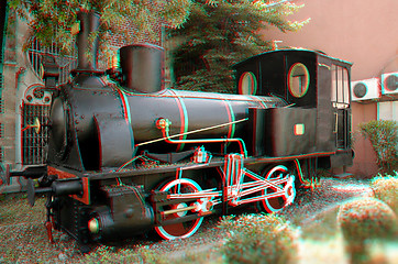 Image showing 3D anaglyph of old-time locomotive