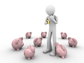 Image showing man making choice where to put savings holds coin in hands in th