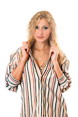 Image showing Sexy young blonde in a striped men's shirt