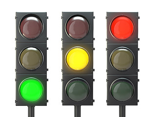 Image showing Set of traffic lights with red, yellow and green lights