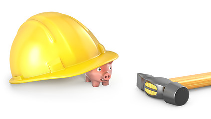 Image showing Piggy bank looks out of large helmet