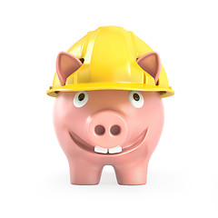 Image showing Piggy bank wears yellow helmet, front view