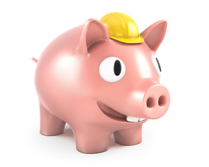 Image showing Piggy bank wears small yellow helmet