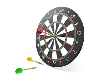 Image showing One dart hit the center of board and two missed