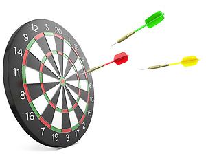 Image showing Three darts arrows flying into board