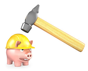 Image showing Piggy bank in yellow helmet under large hammer